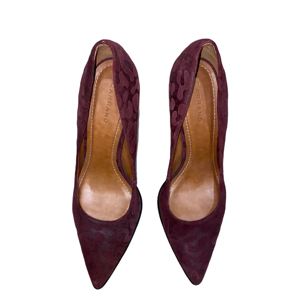 Anthropologie Carrano Madelyn Wine Leopard Block Heel Pumps sz 9